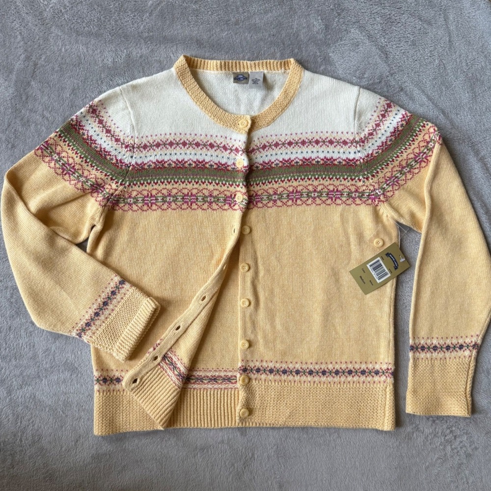 Shaver Lake‎ Womens M Yellow Fair Isle Knit Button Cardigan Sweater Cottagecore